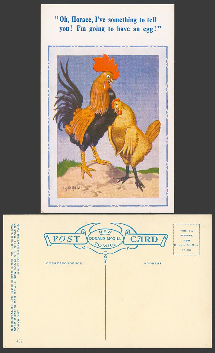 Donald McGill Old Postcard Rooster Hen Chicken Bird I'm going to have an egg 432