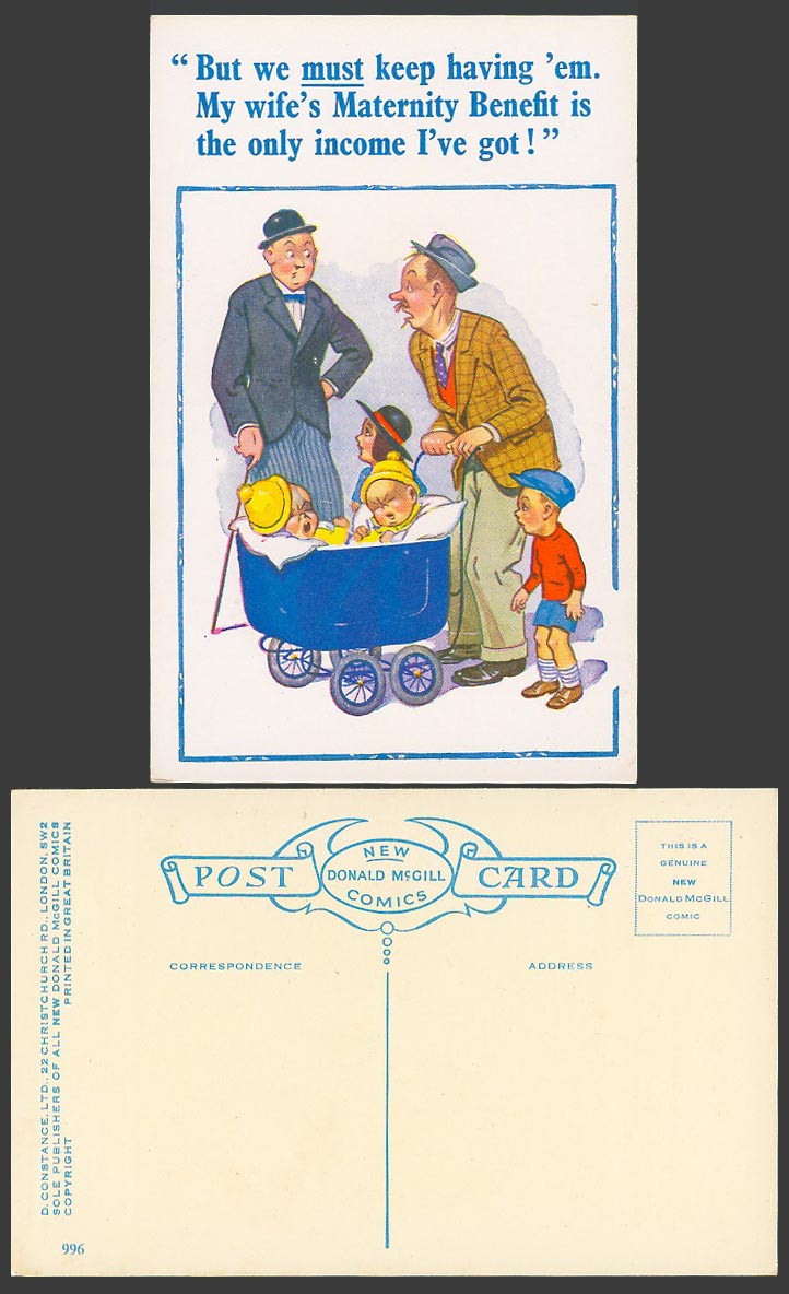 Donald McGill Old Postcard Twins Twin Babies Wife's Maternity Benefit Income 996