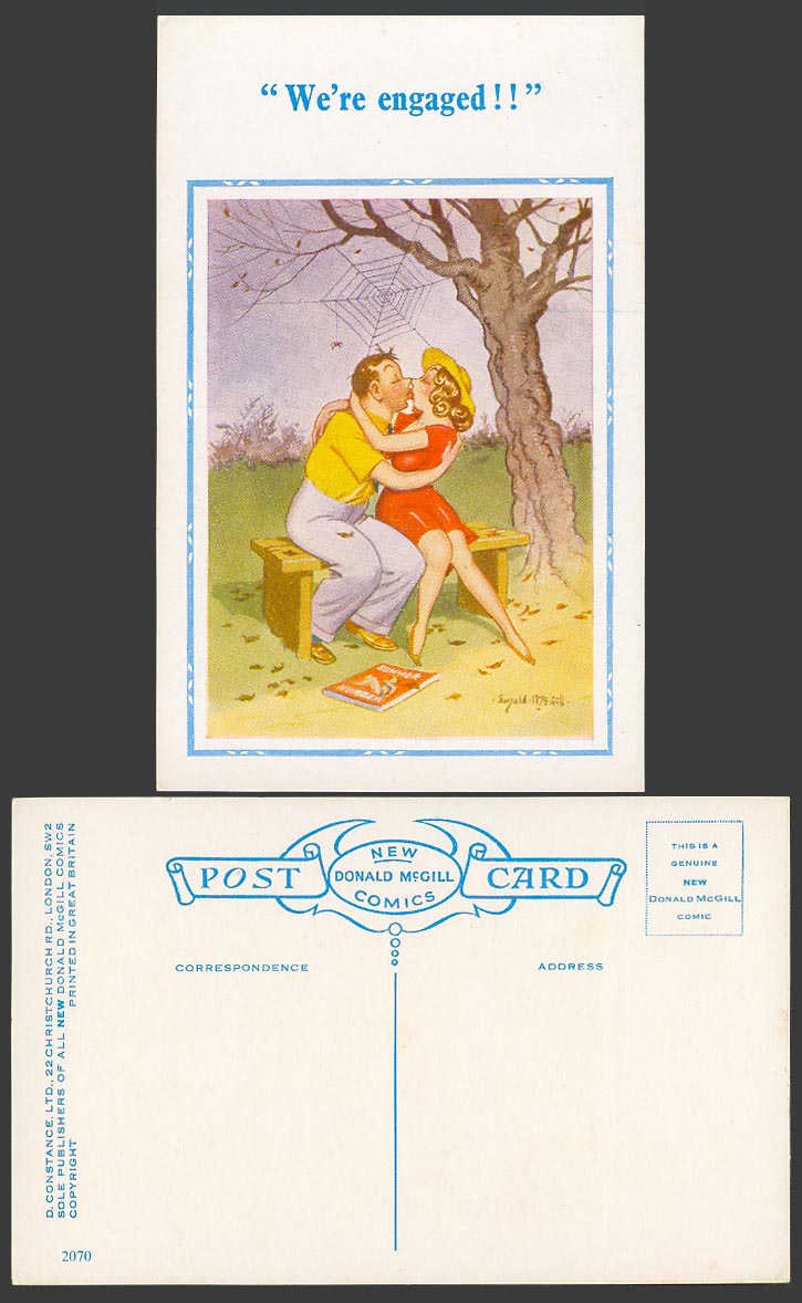 Donald McGill Old Postcard We're engaged! Romance Kissing by Spiderweb Book 2070