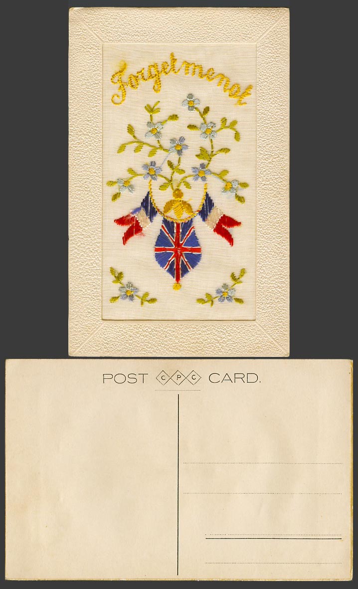 WW1 SILK Embroidered Old Postcard Forget Me Not Blue Flower British French Flags