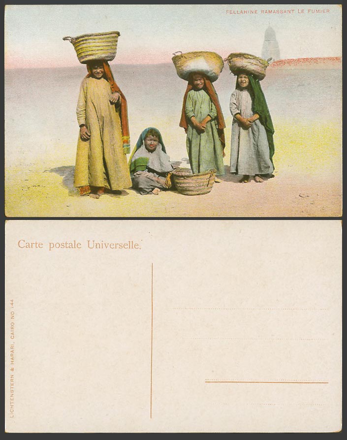 Egypt Old Postcard Fellahine Ramassant Le Fumier, Native Egyptian Children Girls