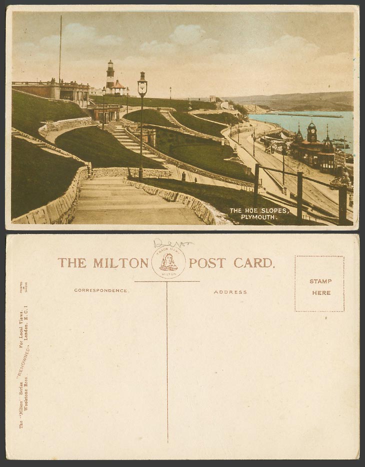 Plymouth Hoe Slopes Devon Lighthouse Street Scene Steps Clock Tower Old Postcard