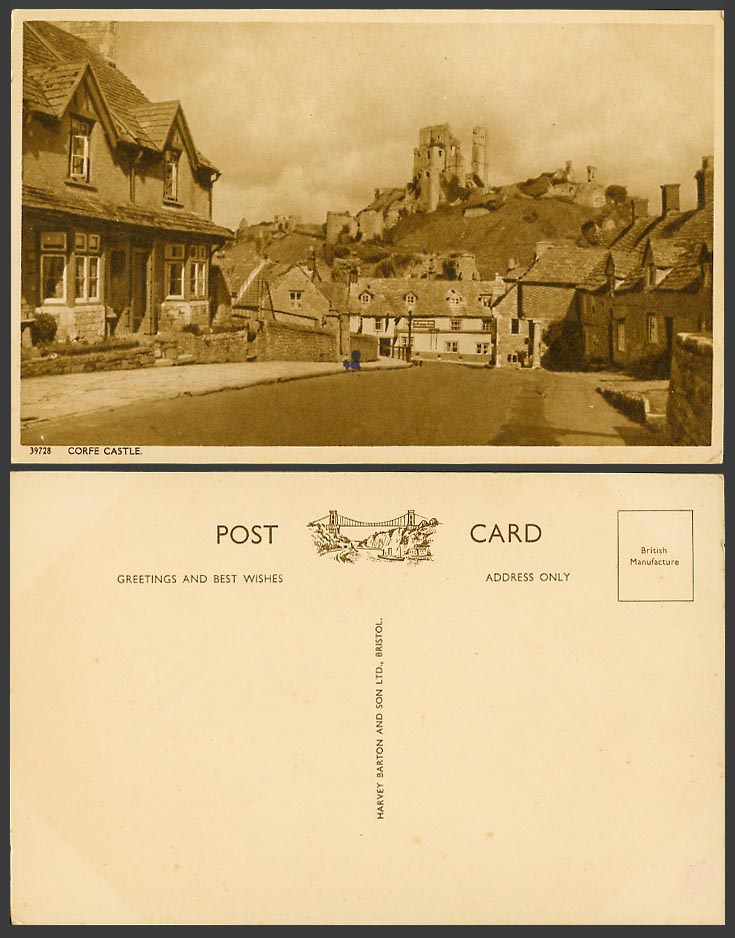 Corfe Castle Ruins on Hill Dorset Old Postcard Street Scene, Harvey Barton & Son