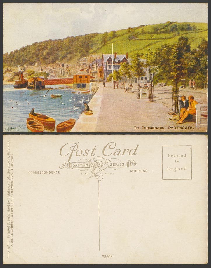 Dartmouth Promenade Steamer Boats Harbour C.T. Howard Artist Signed Old Postcard