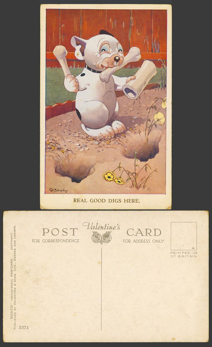 BONZO DOG GE Studdy Old Postcard Real Good Digs Here. Puppy with Bones No. 3374