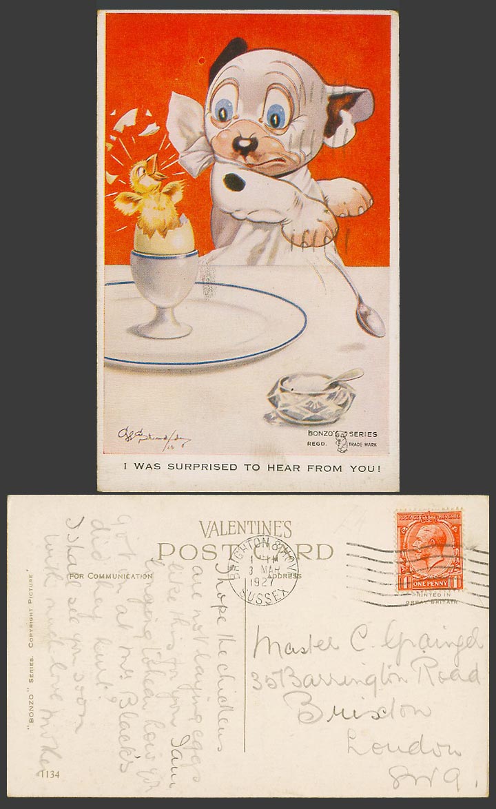 BONZO DOG GE Studdy 1927 Old Postcard I Was Surprised to Hear from You! Egg 1134
