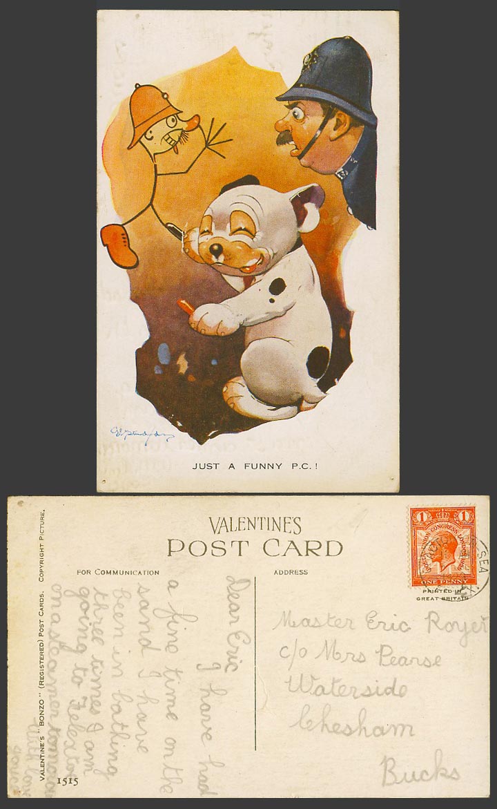 BONZO DOG G.E. Studdy 1929 Old Postcard Just a Funny P.C. Police Caricature 1515