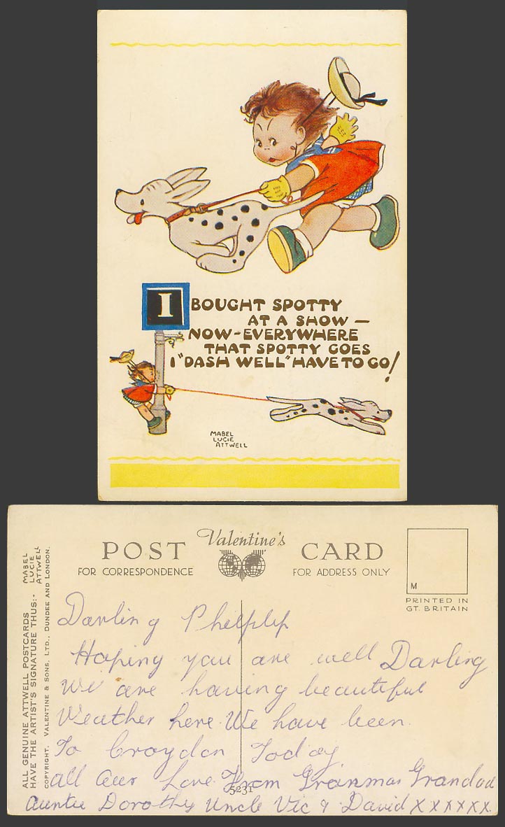 MABEL LUCIE ATTWELL Old Postcard Dalmatian Dog I Bought Spotty at a Show No.5231