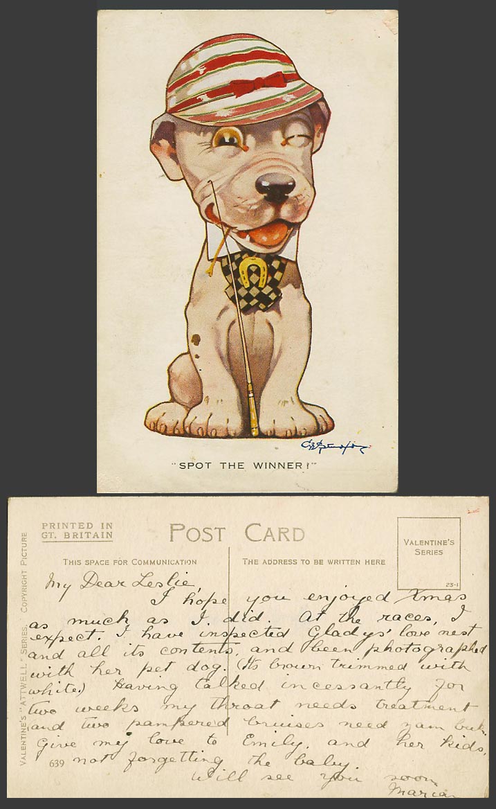 BONZO DOG GE Studdy Old Postcard Spot The Winner! Puppy Horseshoe Hat Stick 639.