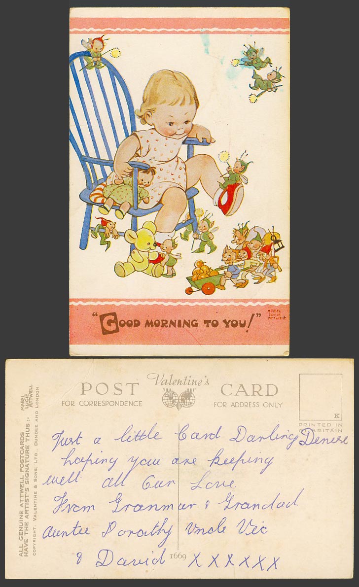 MABEL LUCIE ATTWELL Old Postcard Teddy Bear Fairies Good Morning To You! No.1669