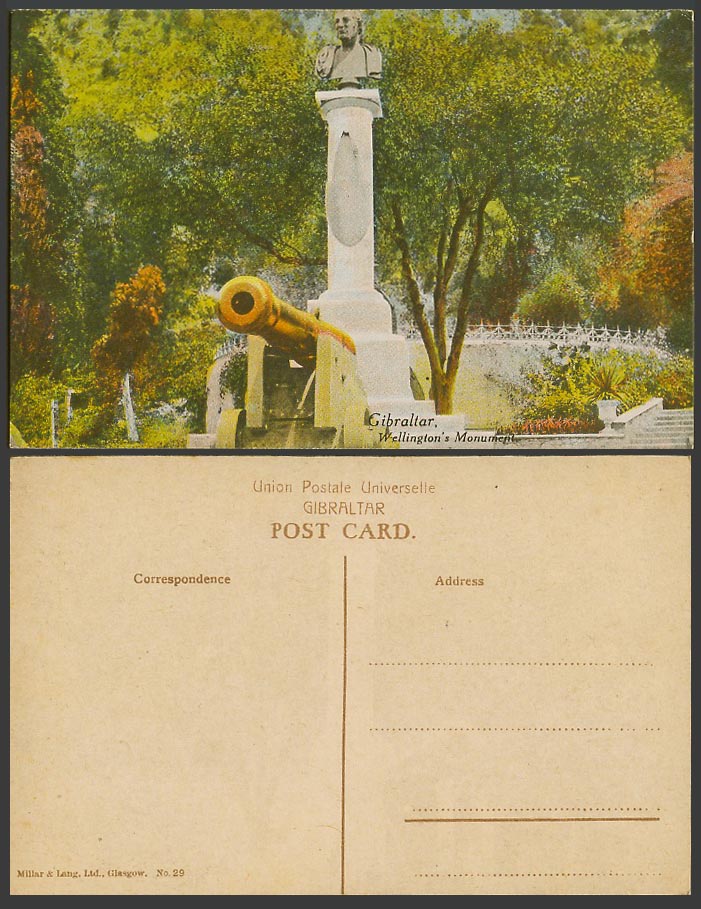 Gibraltar Old Colour Postcard Duke Wellington's Monument Memorial Statue Cannon
