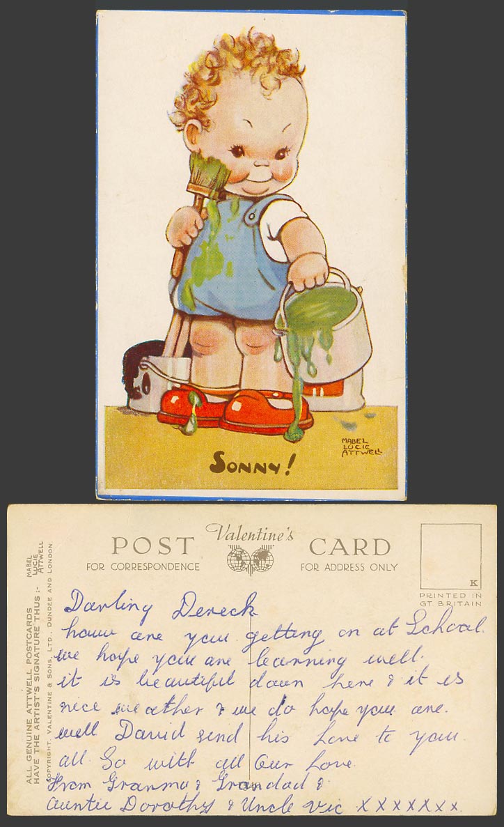 Mabel Lucie Attwell Old Postcard Sonny! Girl, Green and Black Paint Buckets 1540