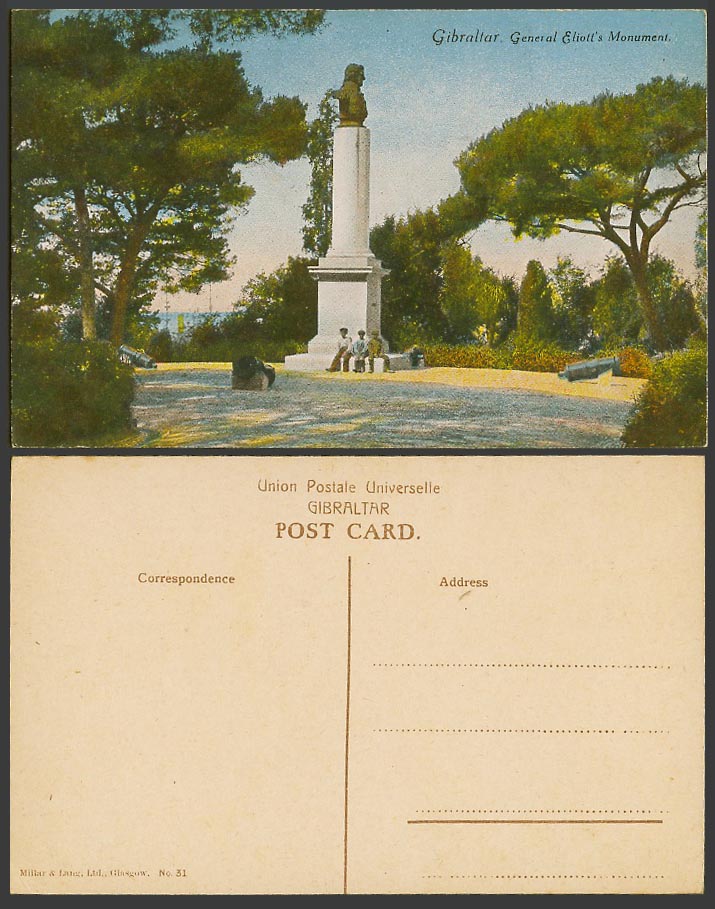 Gibraltar Old Colour Postcard General Elliott Eliott's Monument Memorial, Boys