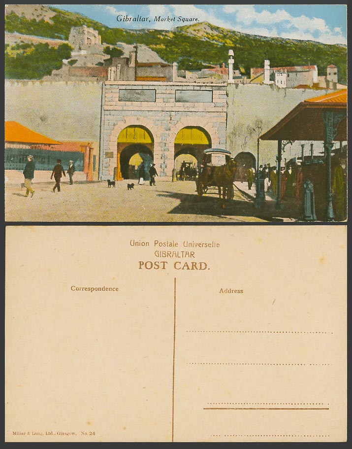 Gibraltar Old Colour Postcard Moorish Market Square, Casemates Gates Dogs Street