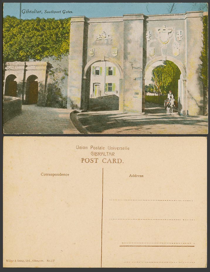 Gibraltar Old Colour Postcard SOUTHPORT GATES, Coat of Arms, Donkey Rider No. 17