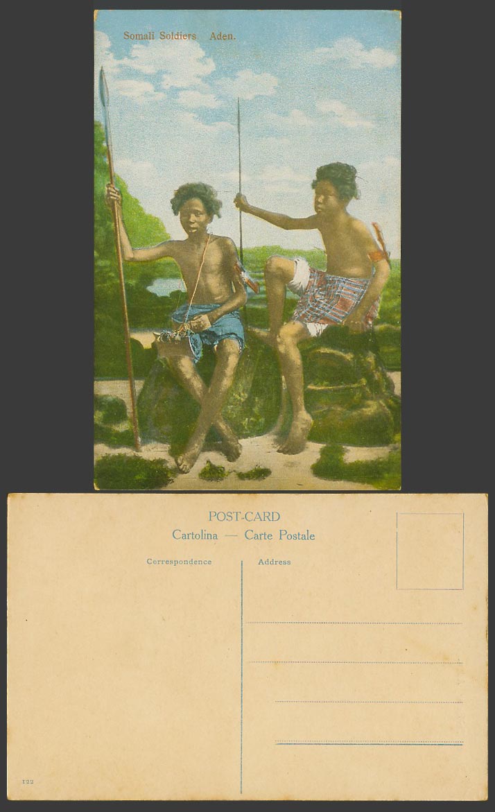 Aden Yemen Old Colour Postcard Somali Soldiers with Spears, Barefoot Ethnic Life