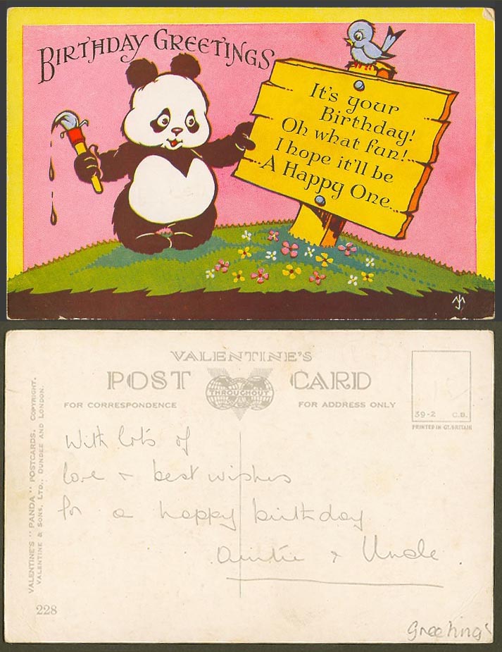 Chinese Giant Panda Bird, Birthday Greetings Hope It Be A Happy One Old Postcard