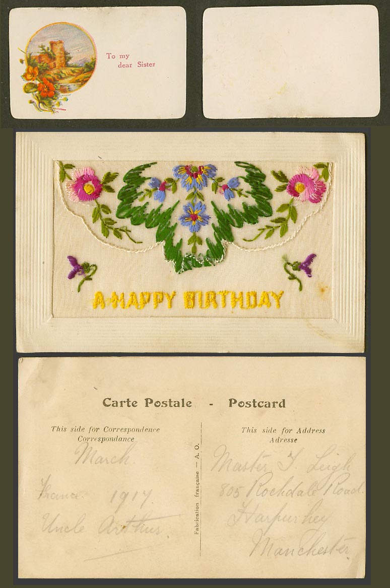 WW1 SILK Embroidered 1917 Old Postcard A Happy Birthday To My Dear Sister Wallet