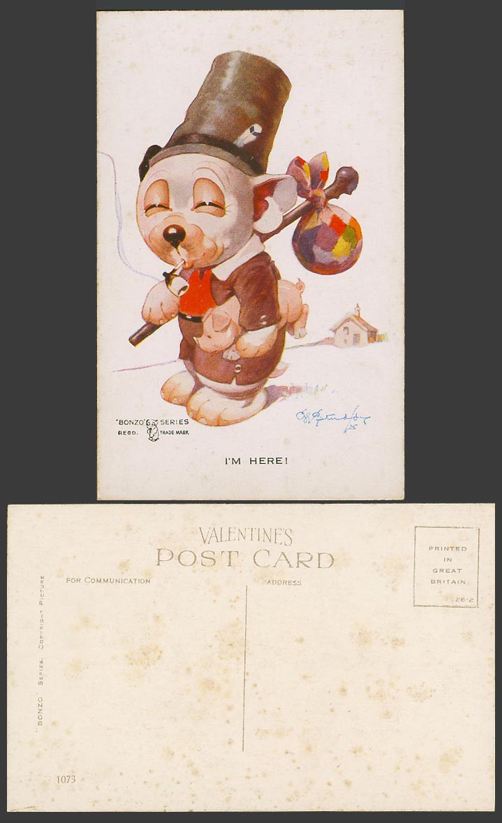 BONZO DOG GE Studdy Old Postcard I'm Here Puppy Carrying Pig Piglet Smoking 1073