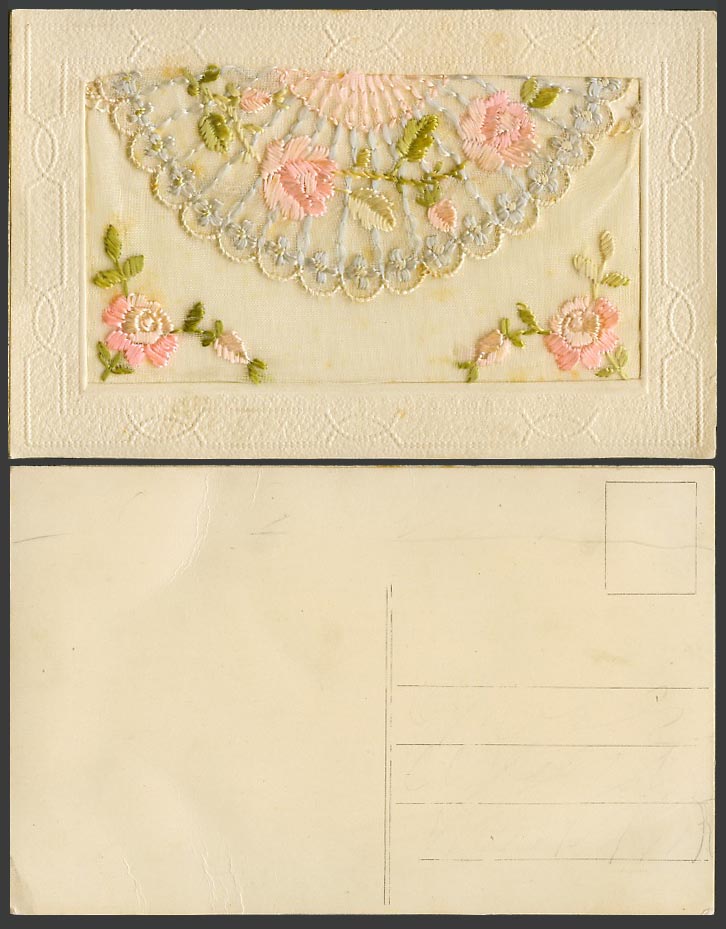 WW1 SILK Embroidered Old Postcard Pink Flower Flowers with Empty Wallet, Novelty