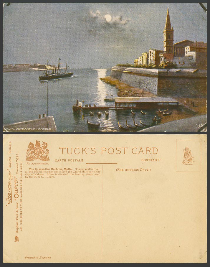 Malta Old Tuck's Oilette Postcard Quarantine Harbour Moon DGHAISA Boats Steamer