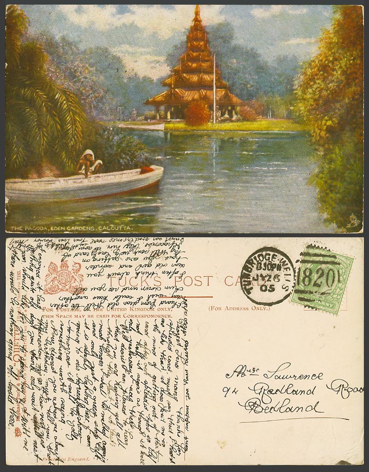 India 1905 Old Tuck's Oilette Postcard The Pagoda Eden Garden Calcutta Boat Lake