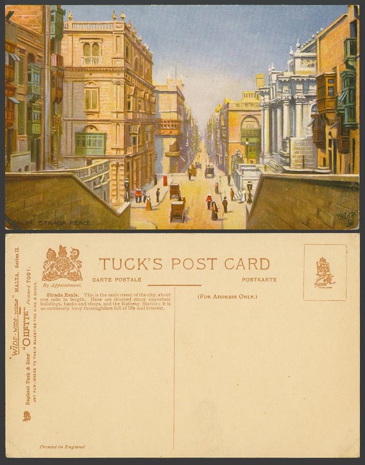 Malta Old Tuck's Oilette Postcard STRADA REALE VALLETTA Main Street Scene Banks