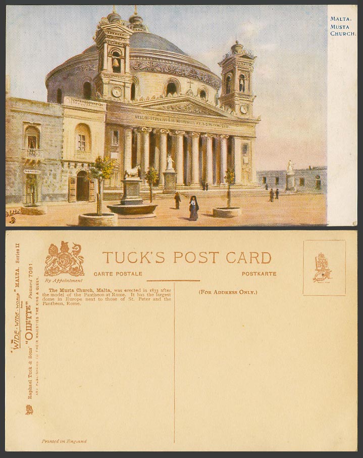 Malta Old Tuck's Oilette Postcard Musta Church Mosta Dome Statues FALDETTA Woman