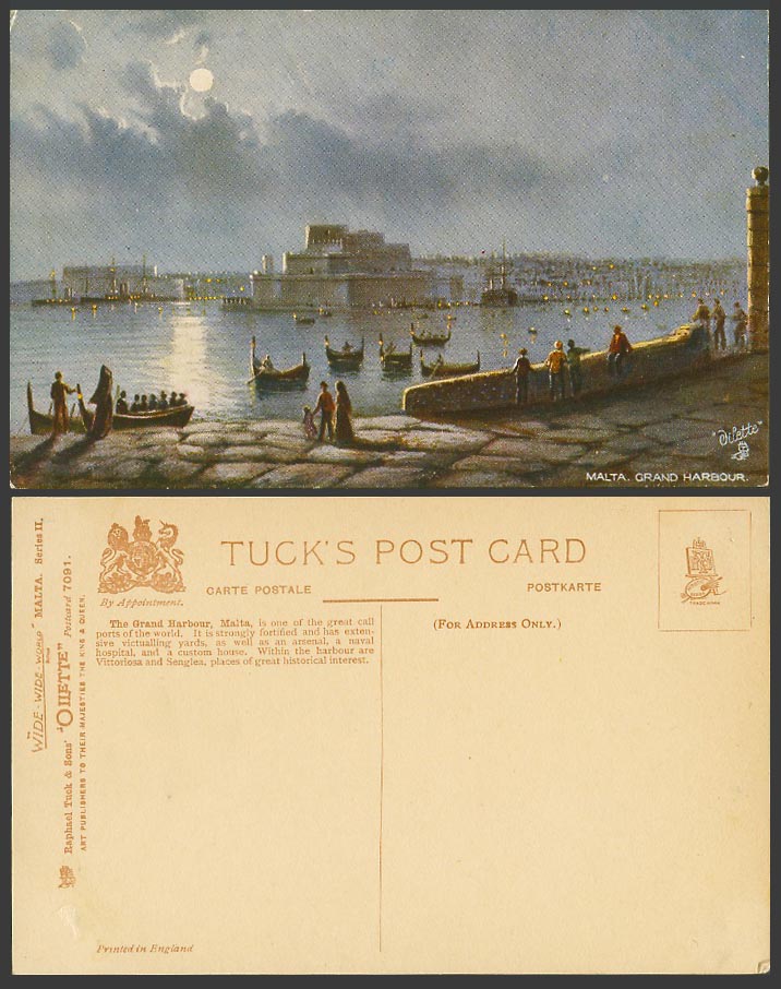 Malta Tuck's Oilette Old Postcard GRAND HARBOUR, Full Moon, DGHAISA Native Boats