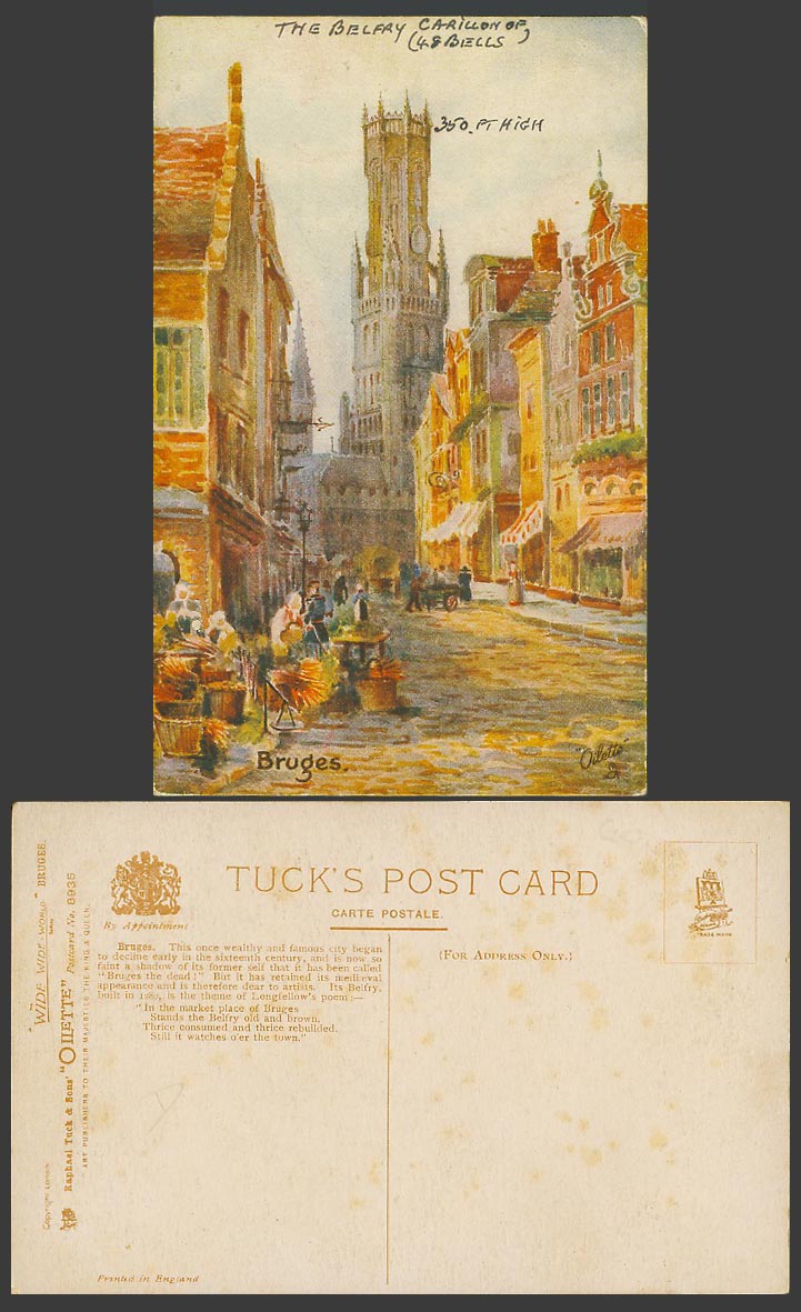 Belgium Old Tuck's Oilette Postcard Bruges Belfry Clock Tower Street Scene Shops