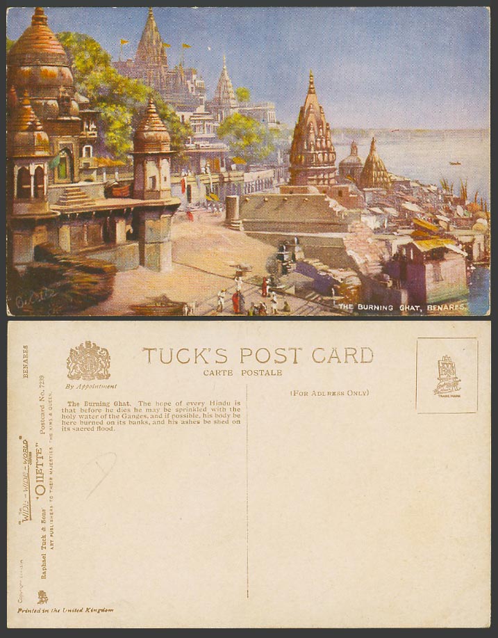 India Old Tuck's Oilette Postcard Burning Ghat Benares River Bridge Temple, 7239