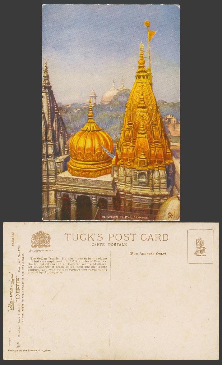 India Old Tuck's Oilette Postcard GOLDEN TEMPLE Benares, Rooftop Towers No. 7239