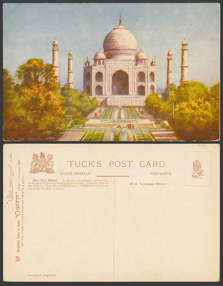 India Old Tuck's Oilette Postcard TAJ MAHAL Agra, Fountains, Gardens Palace 7237