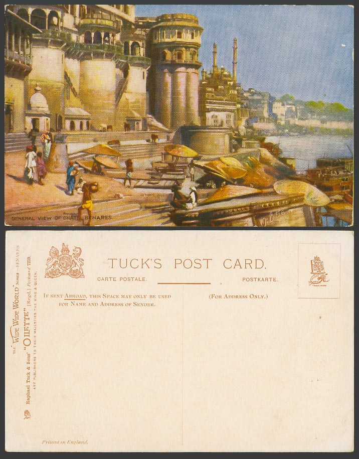 India Old Tuck's Oilette Postcard Panorama General View of Ghat Benares, Workers