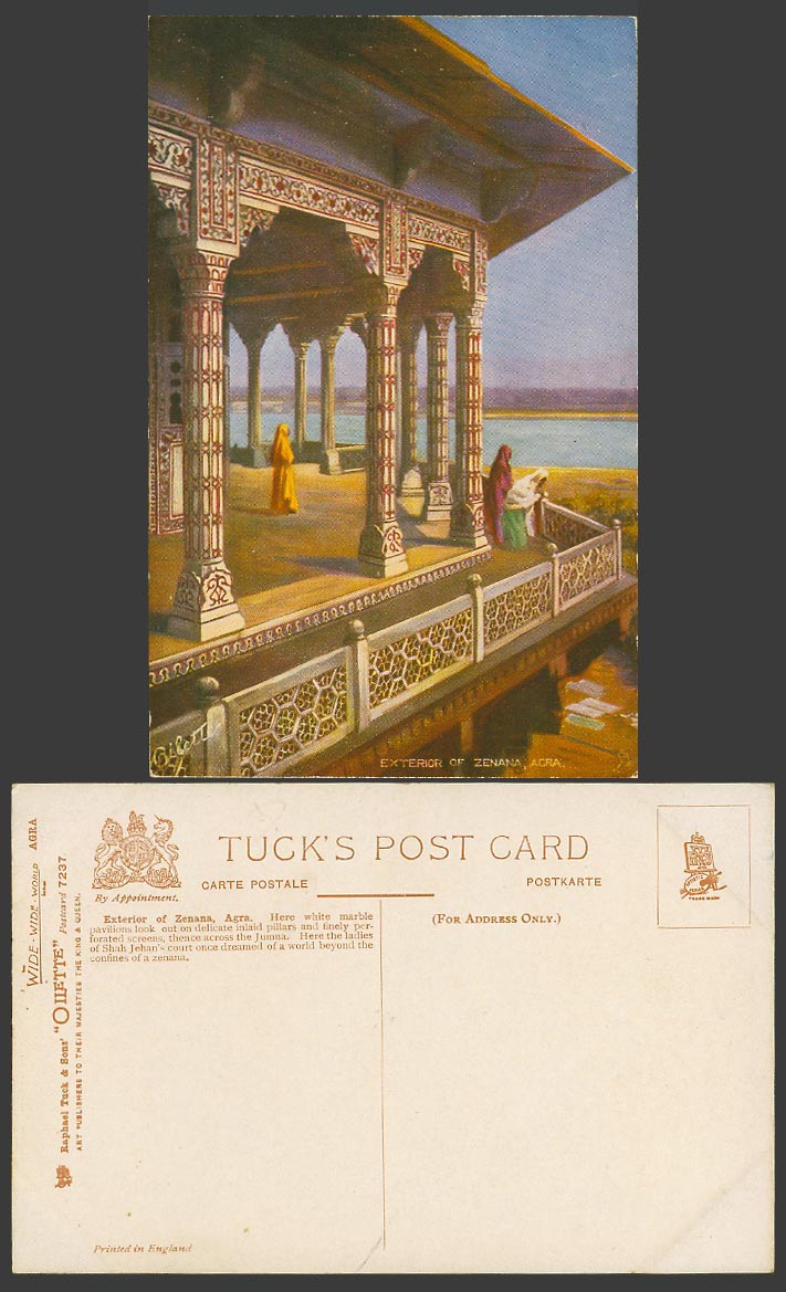 India Old Tuck's Oilette Postcard Exterior of ZENANA AGRA, Women on Terrace 7237
