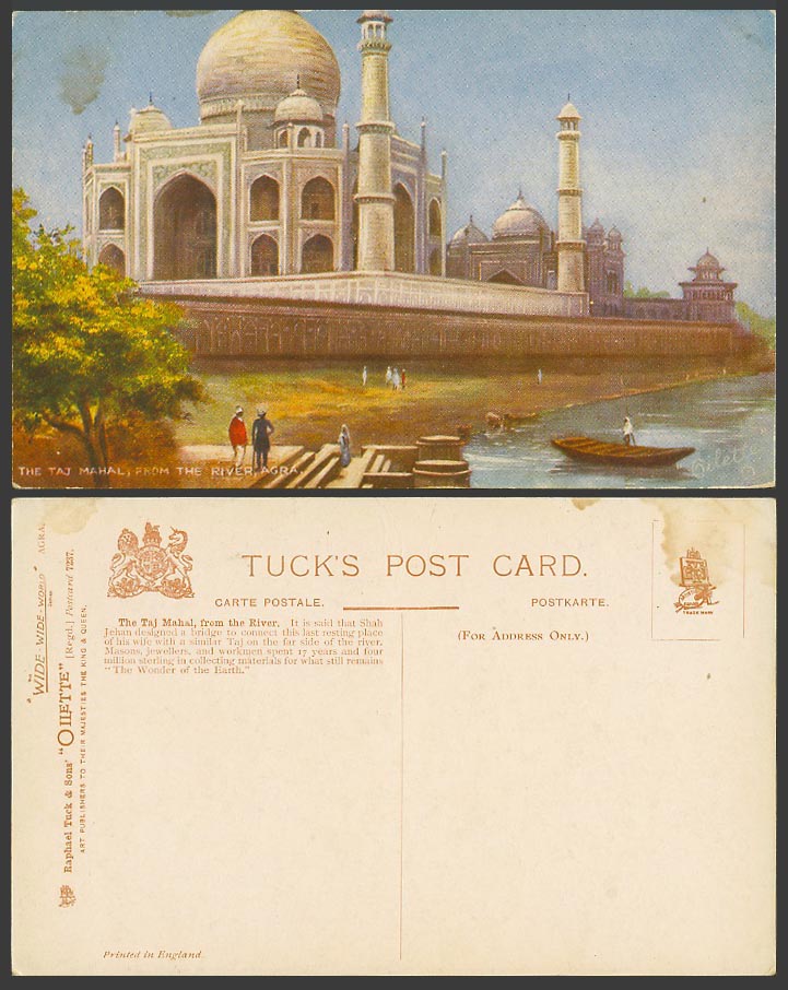 India Old Tuck's Postcard The Taj Mahal from River Scene Agra Boat Steps No.7237