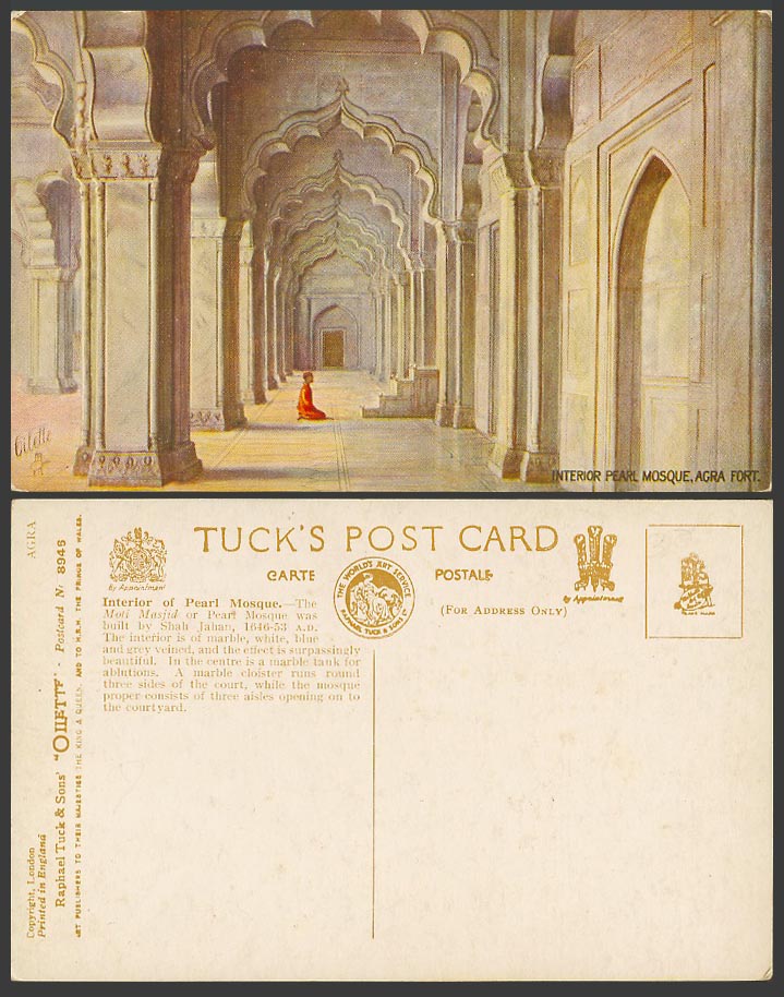 India Old Tuck's Oilette Postcard Interiorof  Pearl Mosque Agra Fort Prayer 8946