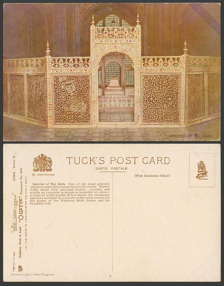 India Old Tuck's Oilette Postcard Interior of TAJ Mahal Agra, Marble Walls, Tomb