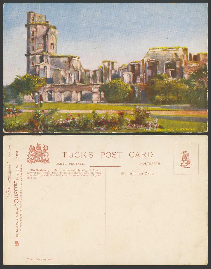 India Old Tuck's Oilette Postcard The Residency Lucknow Ruins Garden Flowers Men