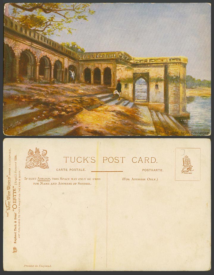 India Old Tuck's Oilette Postcard The Massacre Ghat Cawnpore, River Man on Steps