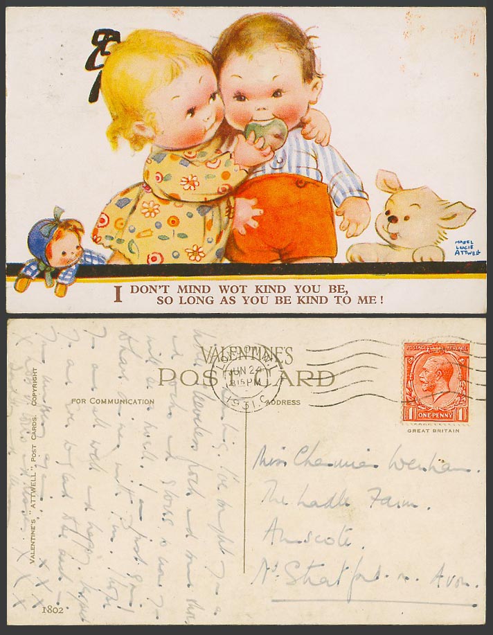 MABEL LUCIE ATTWELL 1931 Old Postcard Girl Boy Dog Puppy Doll Be Kind to Me 1802