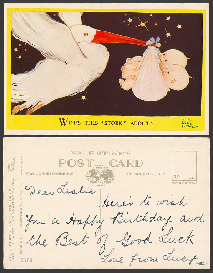 MABEL LUCIE ATTWELL Old Postcard Wot's This Stork About? Twins Twin Babies 3703