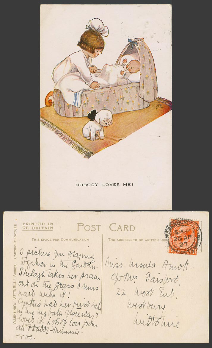 MABEL LUCIE ATTWELL 1927 Old Postcard Nobody Loves Me! Dog Puppy, Baby Crib 4933