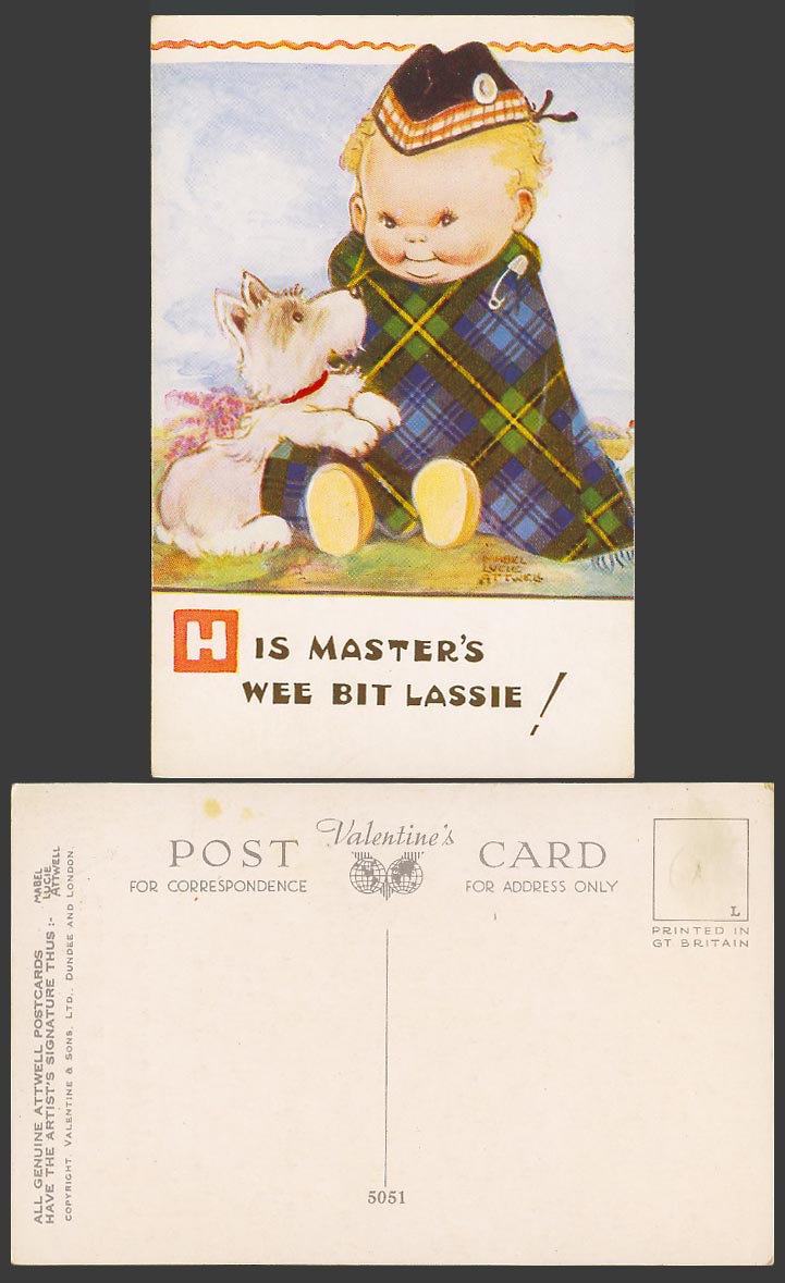 MABEL LUCIE ATTWELL Old Postcard Scottie Dog His Master's wee bit Lassie No.5051