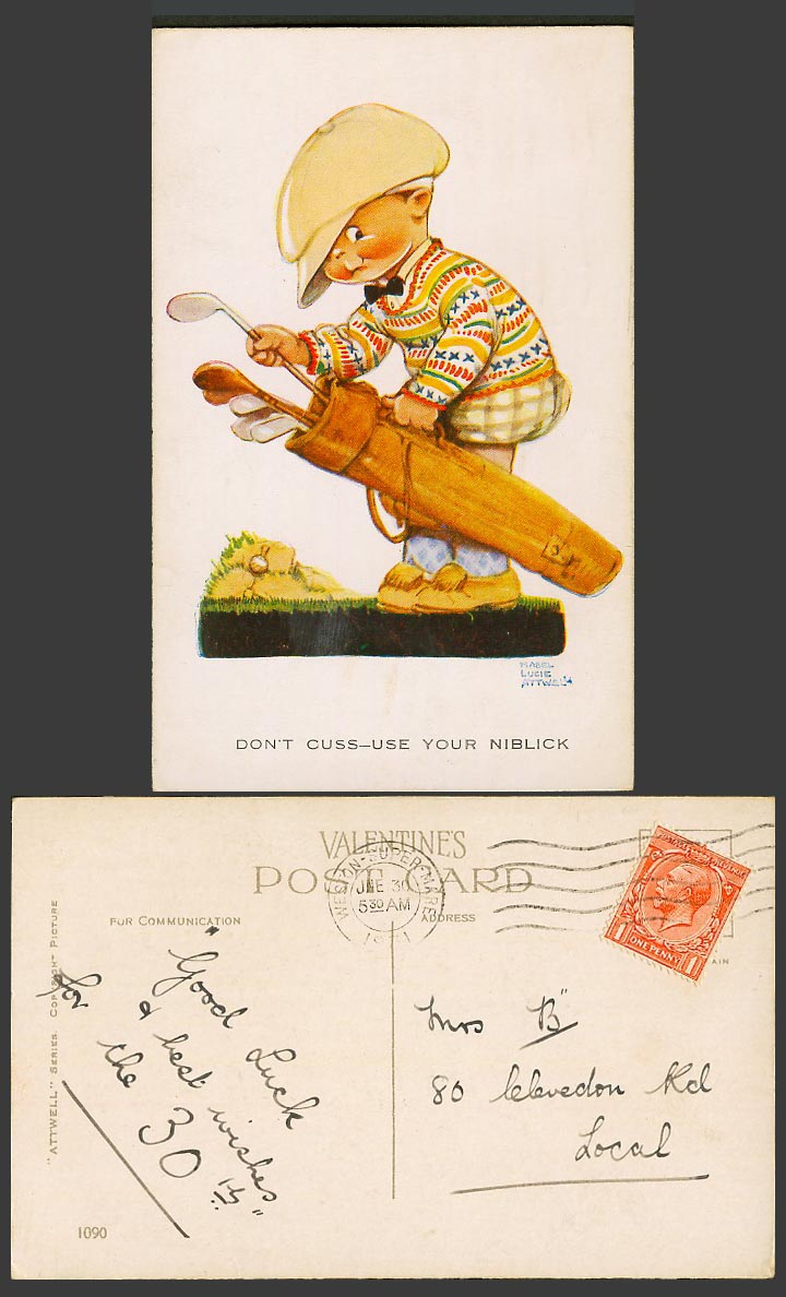 MABEL LUCIE ATTWELL 1931 Old Postcard GOLF Golfing Golfer Cuss, Use Niblick 1090