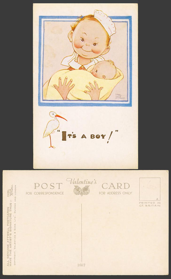 MABEL LUCIE ATTWELL Old Postcard It's a Boy Stork Bird Midwife holding Baby 1667