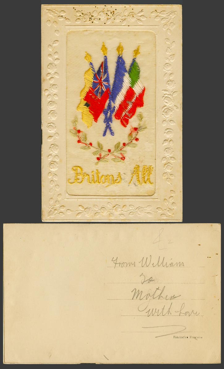 WW1 SILK Embroidered French Old Postcard Britons All, Flag Flags, Holly, Novelty