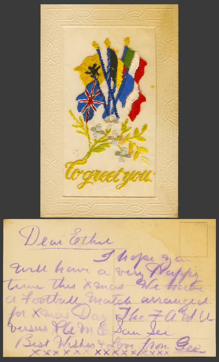 WW1 SILK Embroidered Old Postcard To Greet You Flag Flags Flower Flowers Novelty