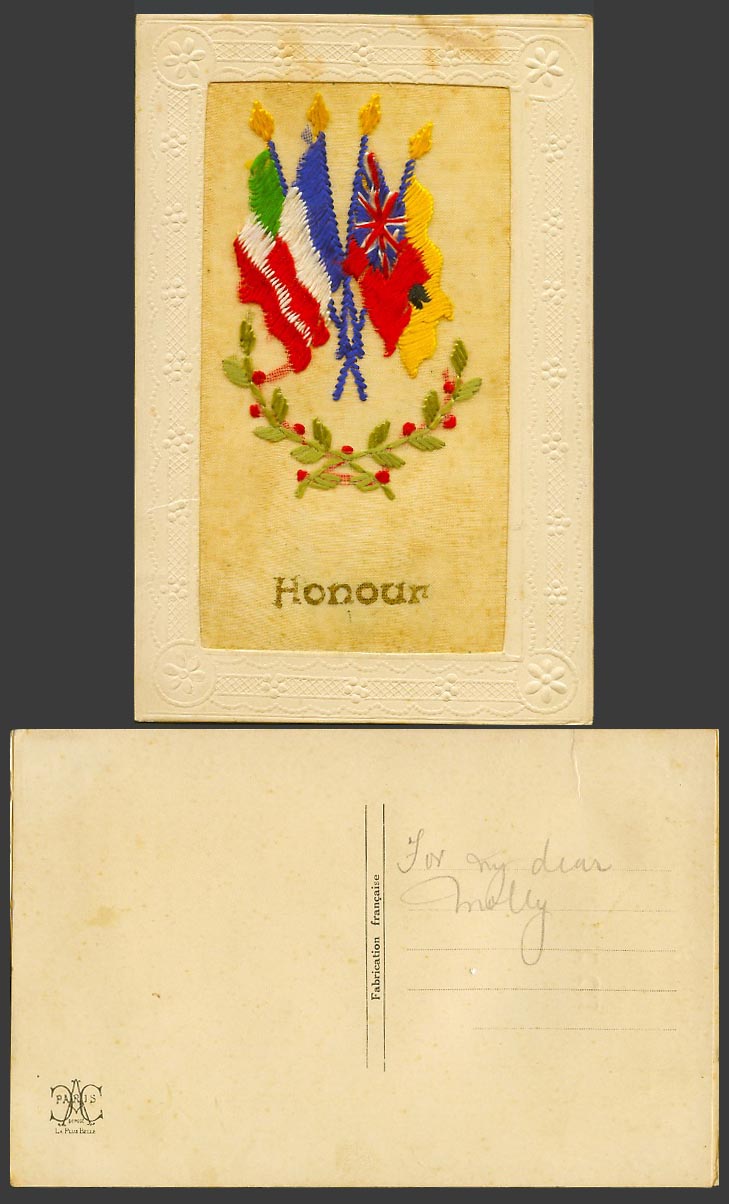 WW1 SILK Embroidered Old Postcard Honour Flag Flags Holly Novelty, La Plus Belle