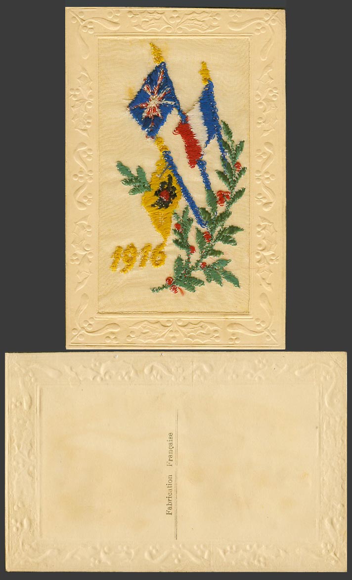 WW1 SILK Embroidered French Old Postcard 1916 French Flag, Flags, Holly, Novelty